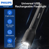 Philips Rechargeable LED Flashlights High Lumens, 1200 Lumens Bright Powerful Tactical Handheld Flash Light, 5 Modes IPX5 Waterproof Flash Lights for Camping, Emergency, Hiking, Black SFL5805R